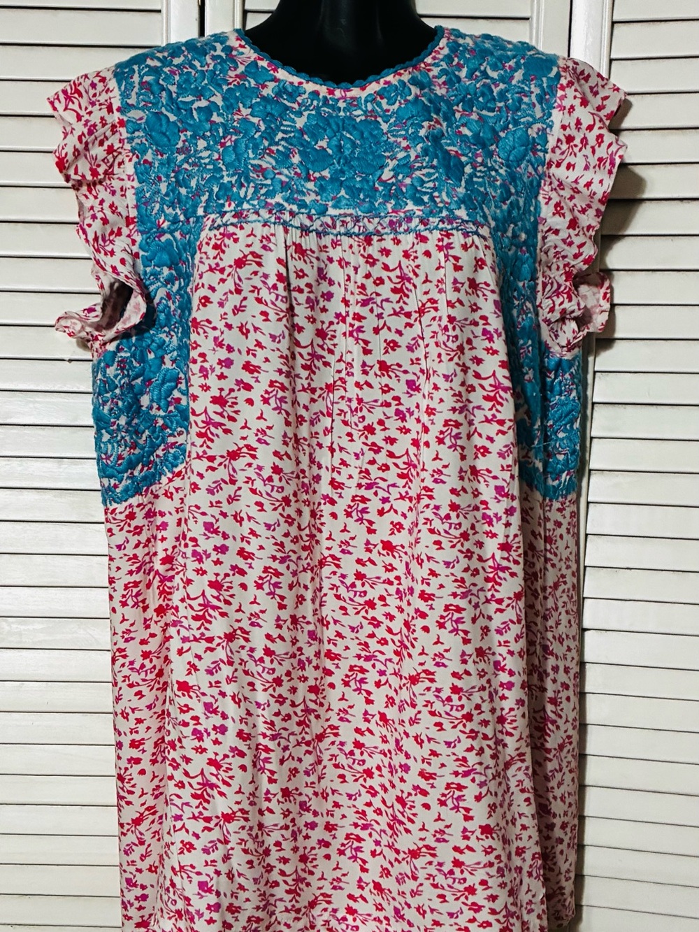 Women’s Pink Floral Blouse with Teal Lace Yoke